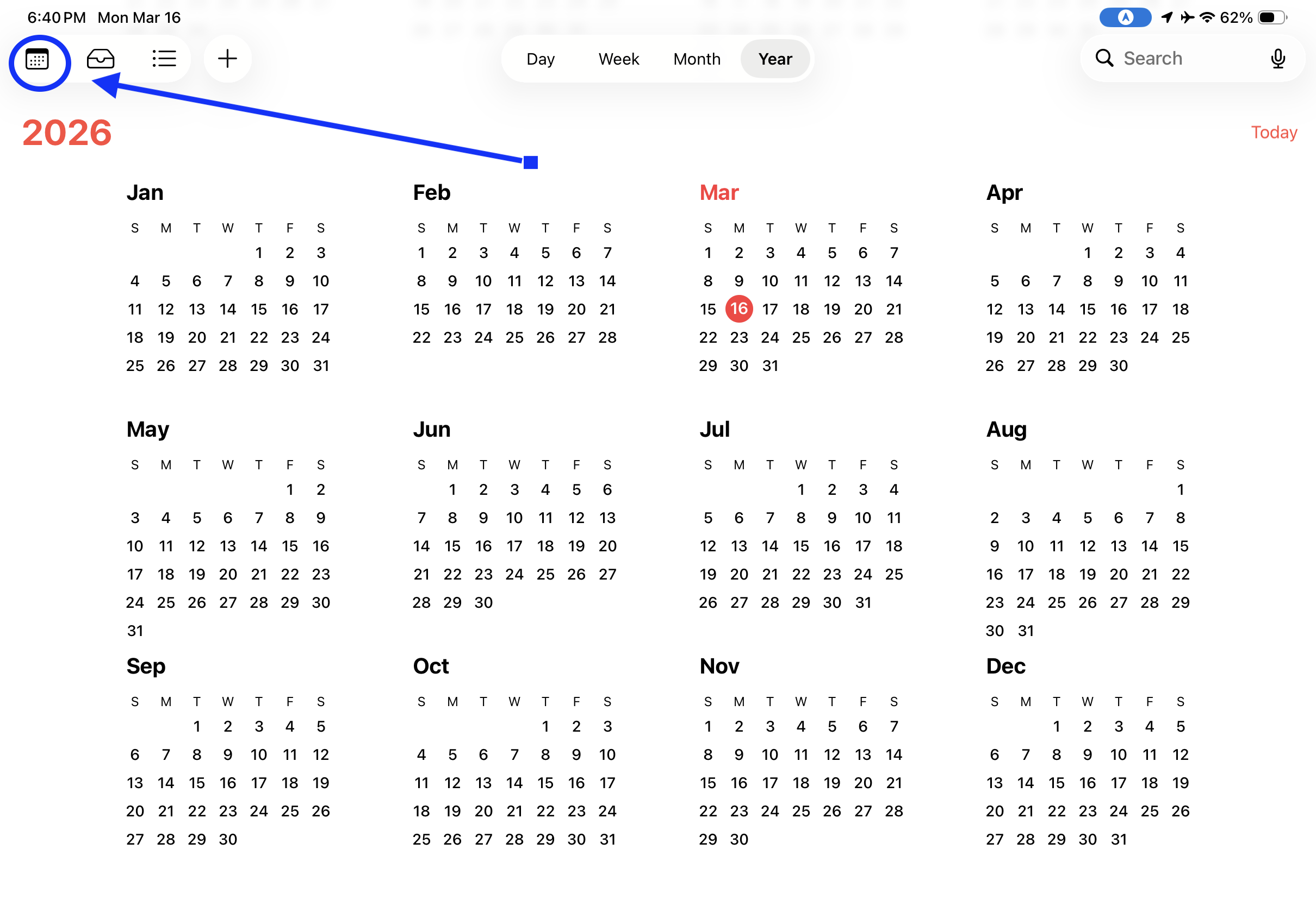 Tap the calendar icon to show calendar list